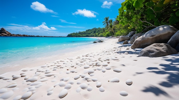 Coastal stones lay on white sand of anse lazio beach