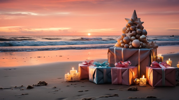 A coastal summer Christmas in Australia A driftwood Christmas tree decorated with fairy lights on