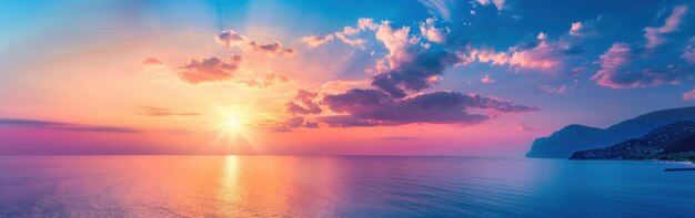 Coastal Sunset Over Blue Water With Mountain Range in the Distance