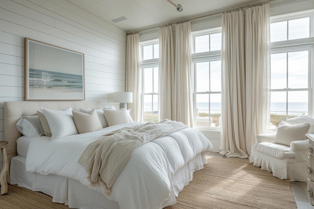 A coastalstyle bedroom sanctuary characterized by whitewashed walls