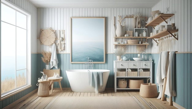 Photo coastalthemed bathroom mockup light blue white with natural elements