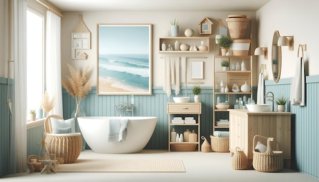 CoastalThemed Bathroom Mockup Light Blue White with Natural Elements