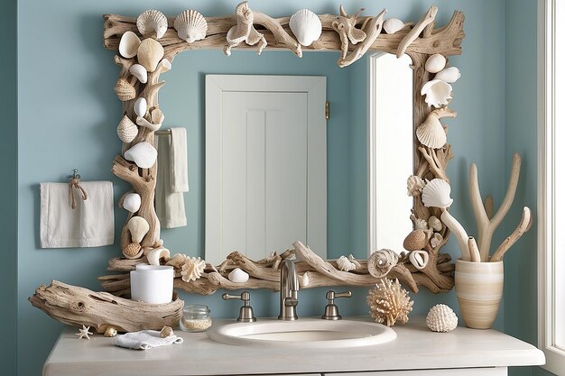 Photo coastalthemed bathroom with a beachy color palette seashell accessories and a driftwood mirror