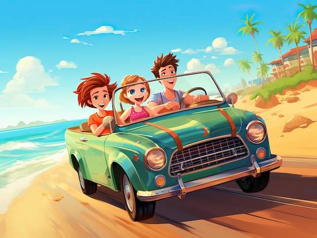 Coastline Adventure Young People in Convertible Illustration