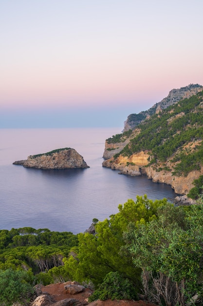 coastline in Port de Soller at sunsetHarbor for yachts ships island of Mallorca Balearic Islands