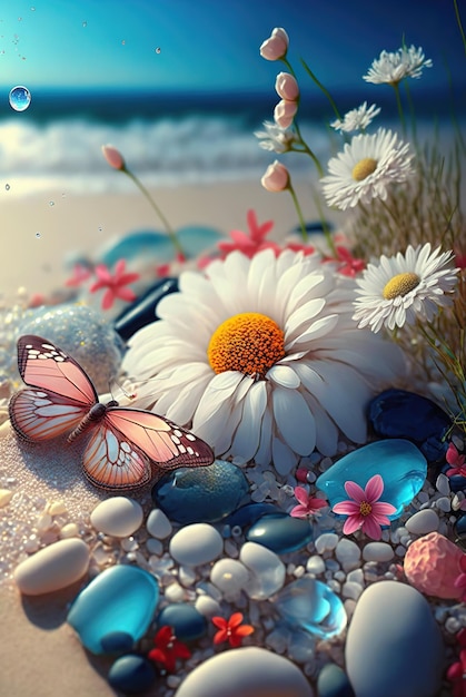 Coastline sea chamomile flowers on background of surf flying butterflies Landscape sea sand and flowers 3d illustration