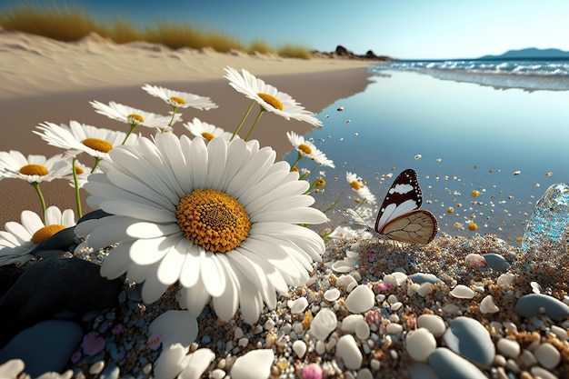 Coastline sea chamomile flowers on background of surf flying butterflies Landscape sea sand and flowers 3d illustration