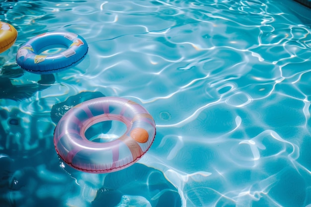 a cobalt pool with floaties arranged like polka dots creating a scene of summer fun