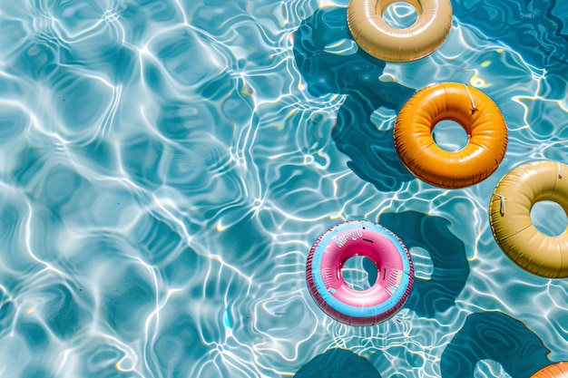 a cobalt pool with floaties arranged like polka dots creating a scene of summer fun