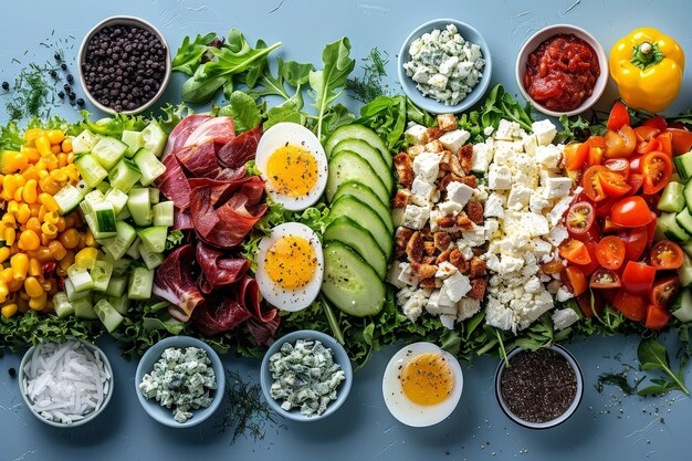 Photo cobb salad ingredients floating in a colorful display ar 32 style raw stylize 250 job id f6ad6d7d426a4b1fa07167b58f011c7c