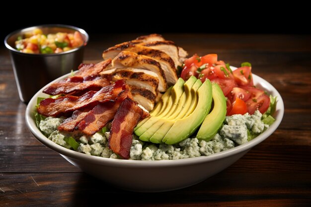 A Cobb salad with layers of crispy bacon hardboiled eg