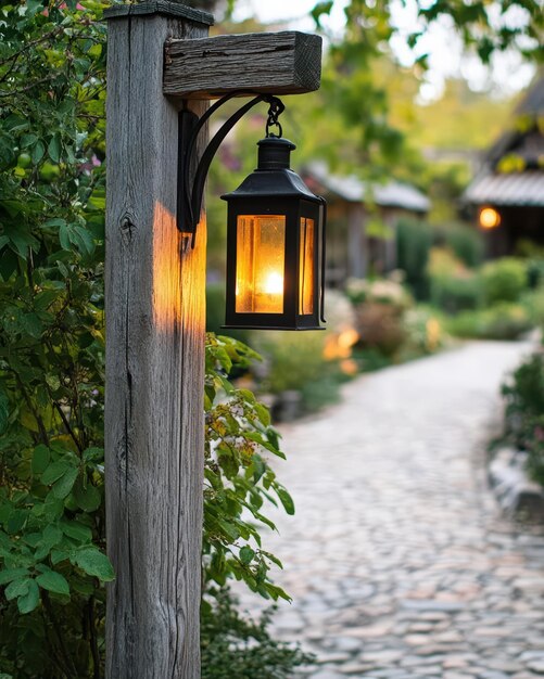 Photo cobblestone path with lantern light