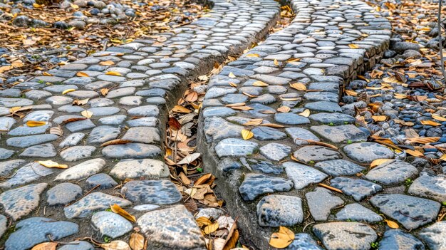 Cobblestone paths with autumn leaves