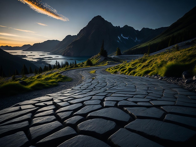 Cobblestone road leading to the mountain lake at sunset