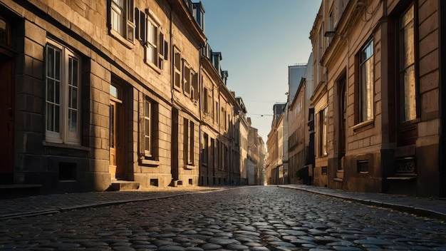 Photo a cobblestone street lined with historic buildings perfect for travel inspiration and exploring