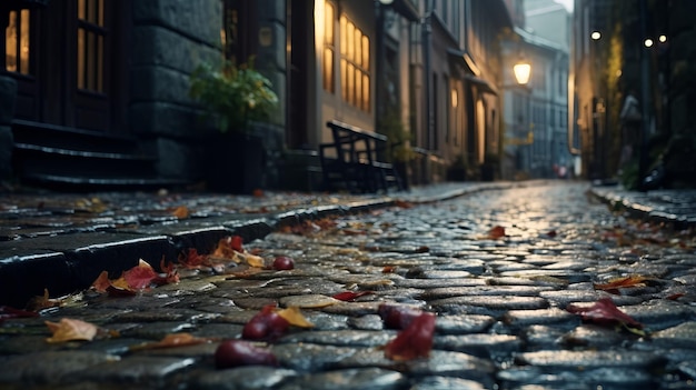 a cobblestone street at night with leaves on the ground