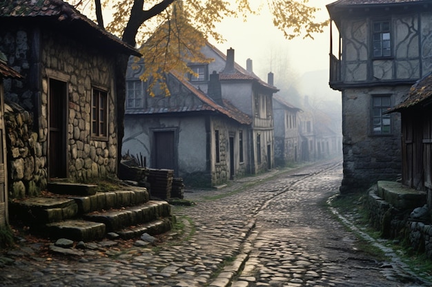 A cobblestone street in an old European town with colorful buildings