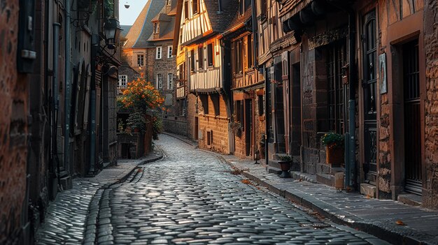 Photo cobblestone street winding through a historic european town