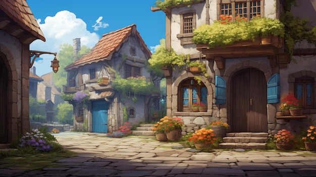 Cobblestone street winds through serene village ai generated 2D cartoon illustration