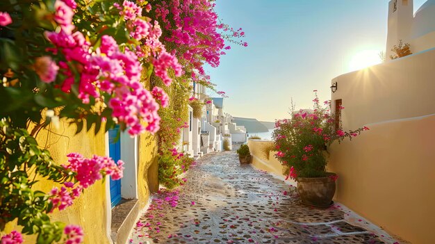 Cobblestone Street with Bougainvillea in Santorini Greece