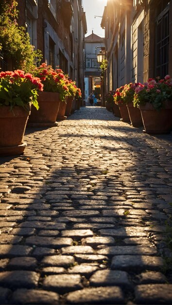 Photo a cobblestone street with flowers in pots and a building in the background