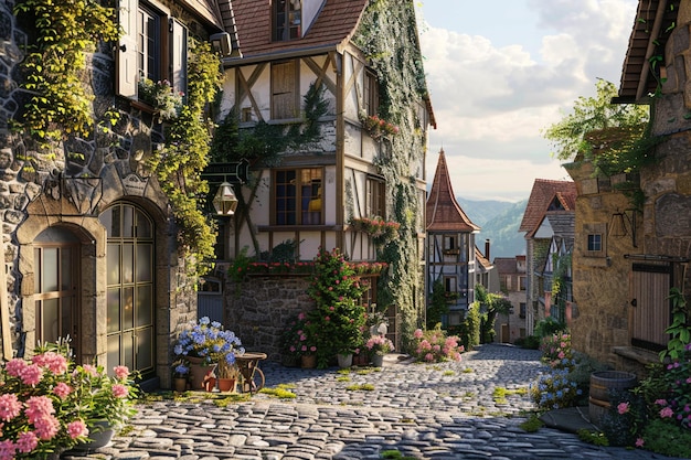 a cobblestone street with a house on the left and a sign that says  the name of the house