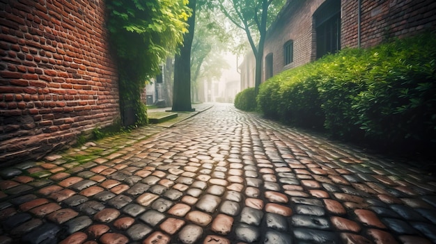 Cobblestone street with trees and bushes on either side of it Generative AI