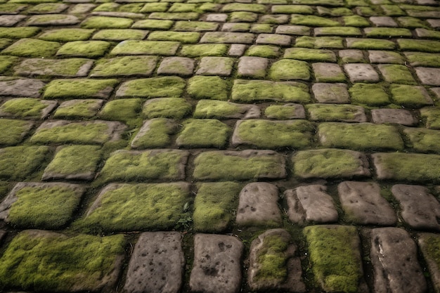 Cobblestoned pavement green moss between brick background AI