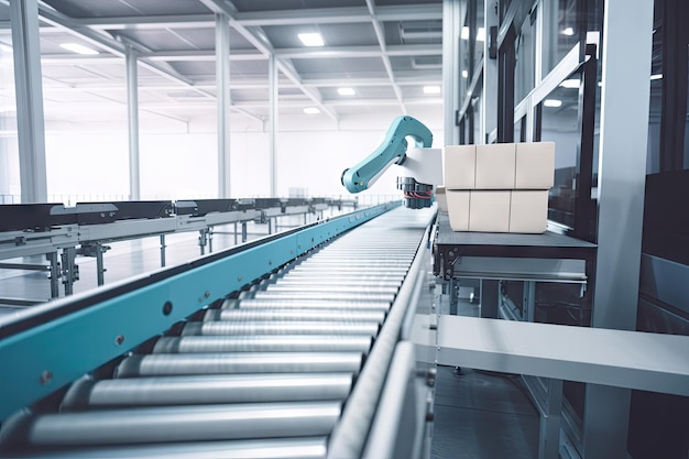 Cobot moving products from one conveyor belt to another in factory