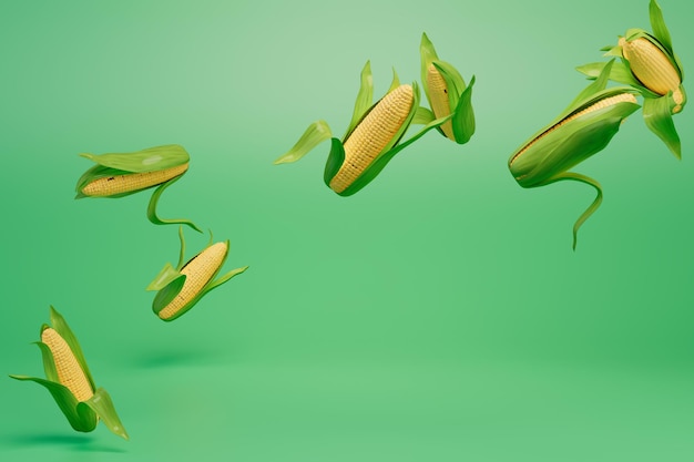 The cobs of corn fly over a green background 3D render