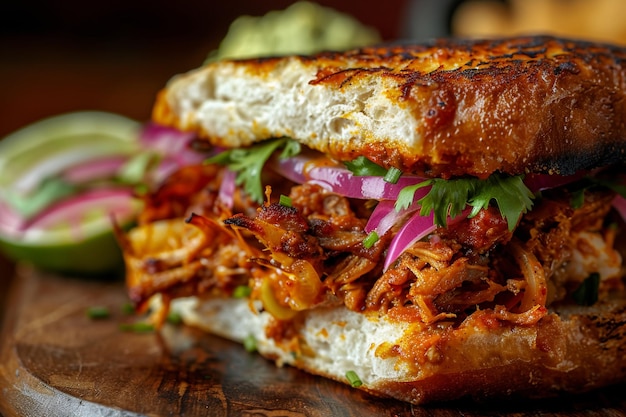 Cochinita pibil torta sandwich crosssection 45degree angle view