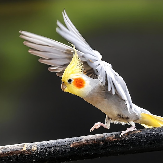 Cockatiel bird flying or about to fly