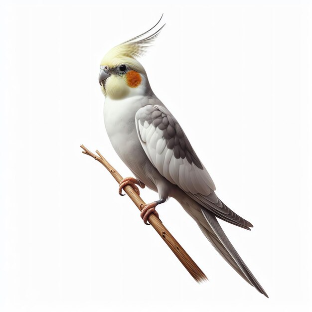 Cockatiel Perched on Branch in a White Background