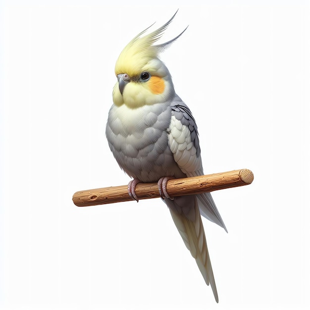 Cockatiel Perched on Branch in a White Background