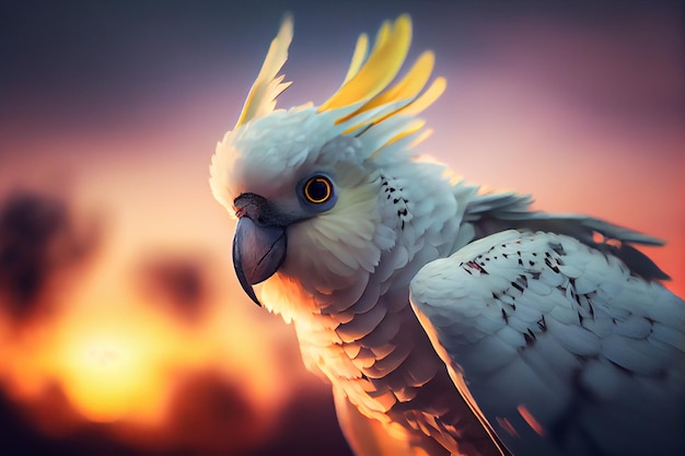 A cockatoo beak sits in front of a sunset