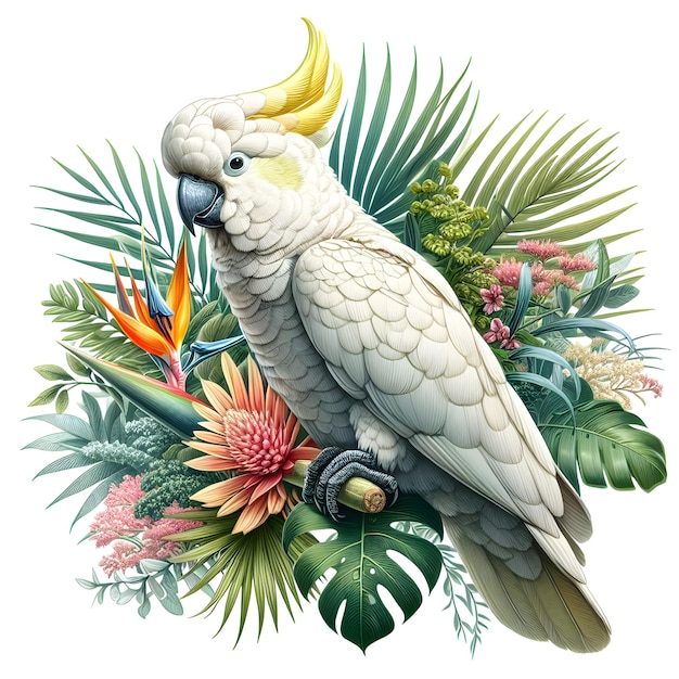 Cockatoo bird with tropical plants and flowers