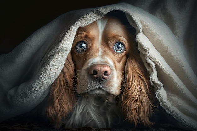 Cocker Spaniel dog nose emerging from blanket illustration generative ai