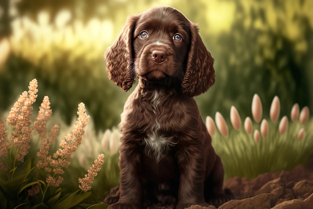 Cocker spaniel puppy portrait outdoors in summer Generative AI