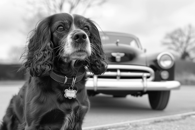 Photo cocker spaniel with a classic car