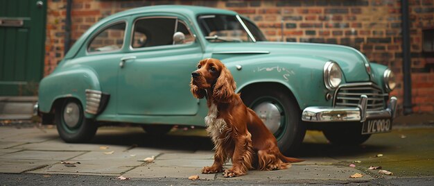 Photo cocker spaniel with a classic car