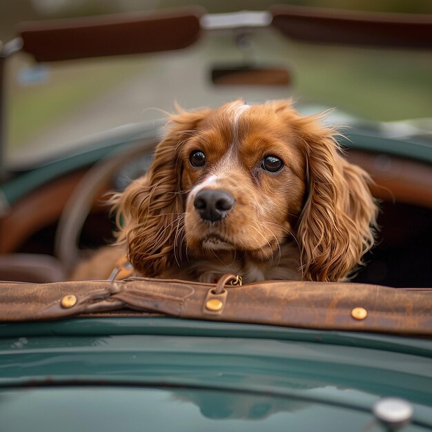 Photo cocker spaniel with a classic car