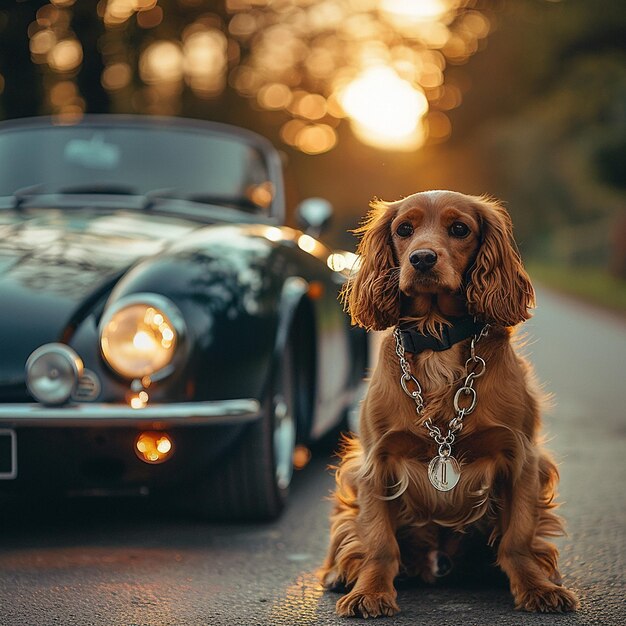 Photo cocker spaniel with a classic car