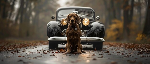 Photo cocker spaniel with a classic car