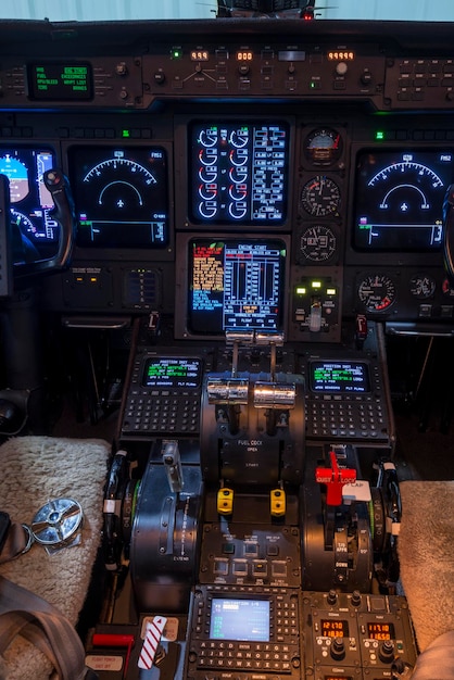 Cockpit interior of a Private Jet night mode stock photo