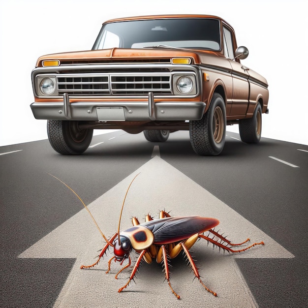 A cockroach crawling on the road in front of a car