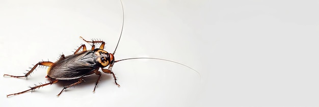 Cockroach isolated on a white background Close up of a pest insect Concept of infestation pest control hygiene domestic cleanliness extermination sanitation Wide Banner Copy space