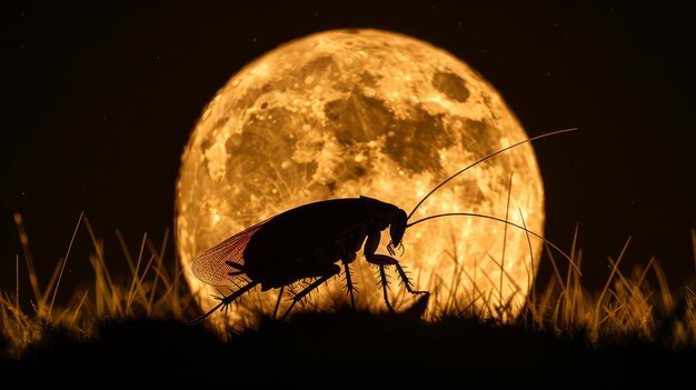 Photo cockroach nocturnal insect casting a shadow with a radiant moon backdrop moonlight illuminating a cockroach concept of surreal nighttime lunar fascination insects and eerie landscapes