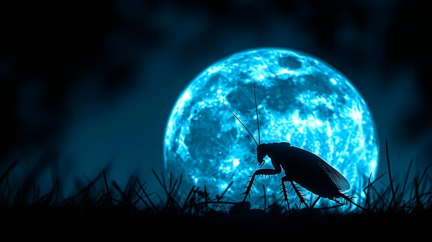 Photo cockroach silhouette against a glowing blue moon insect under moonlight in grass concept of night scenes lunar glow nocturnal creatures and mystery