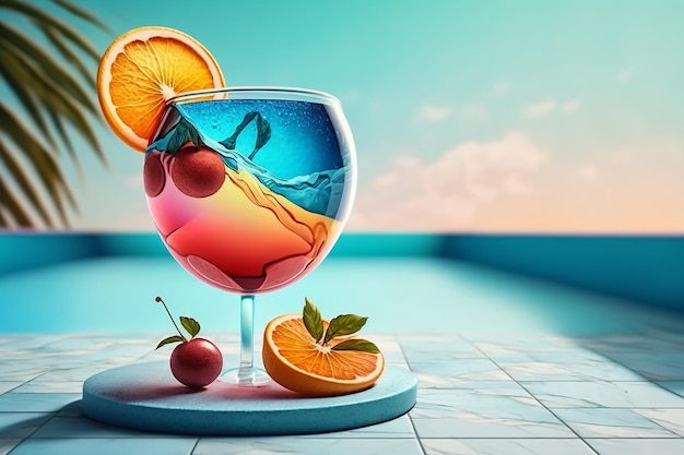 Cocktail on the background of the pool Generative AI