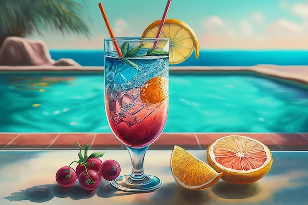 Cocktail on the background of the pool Generative AI